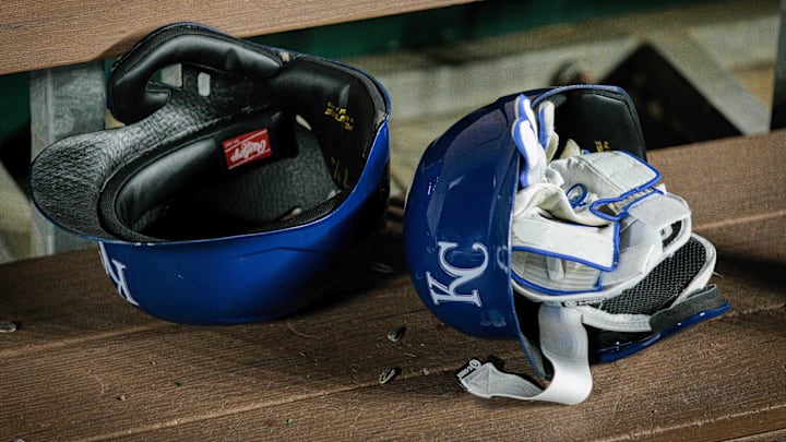 Apr 10, 2024; Kansas City, Missouri, USA; Kansas City Royals batting helmets in the dugout after the game against the Houston Astros at Kauffman Stadium. Mandatory Credit: William Purnell-Imagn Images Apr 10, 2024; Kansas City, Missouri, USA; Kansas City Royals batting helmets in the dugout after the game against the Houston Astros at Kauffman Stadium. Mandatory Credit: William Purnell-Imagn Images