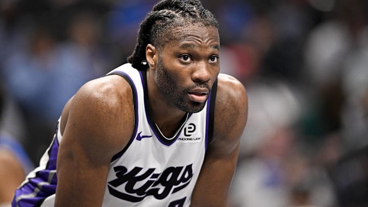 Feb 26, 2026; Dallas, Texas, USA; Sacramento Kings forward Precious Achiuwa (9) looks on during the second half against the Dallas Mavericks at the American Airlines Center. Mandatory Credit: Jerome Miron-Imagn Images