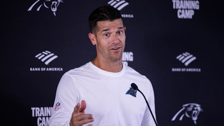 Jul 24, 2025; Charlotte, NC, USA; Carolina Panthers head coach Dave Canales speaks to the media after practice at training camp. Mandatory Credit: Scott Kinser-Imagn Images