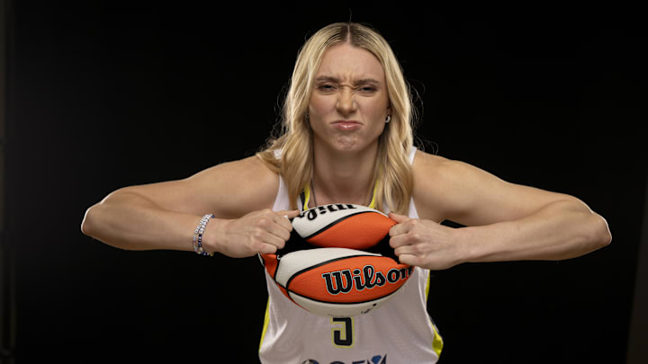 May 7, 2025; Arlington, TX, USA; Dallas Wings guard Paige Bueckers poses for a photo during the 2025 Dallas Wings Media Day. Mandatory Credit: Jerome Miron-Imagn Images