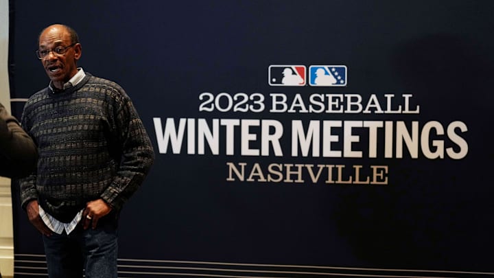 Dec 4, 2023; Nashville, TN, USA; Los Angeles Angels manager Ron Washington talks with a reporter