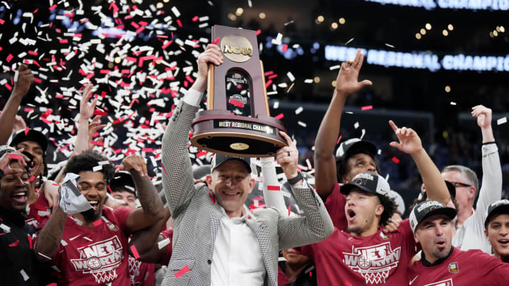 Mar 30, 2024; Los Angeles, CA, USA;  Alabama Crimson Tide head coach Nate Oats celebrates with the