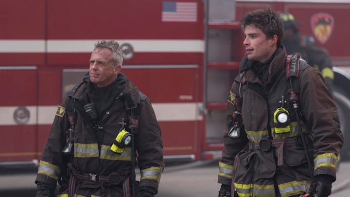 CHICAGO FIRE -- "It Had To End This Way" Episode 13022 -- Pictured: (l-r) David Eigenberg as Christopher Herrmann, Michael Bradway As Jack Damon 