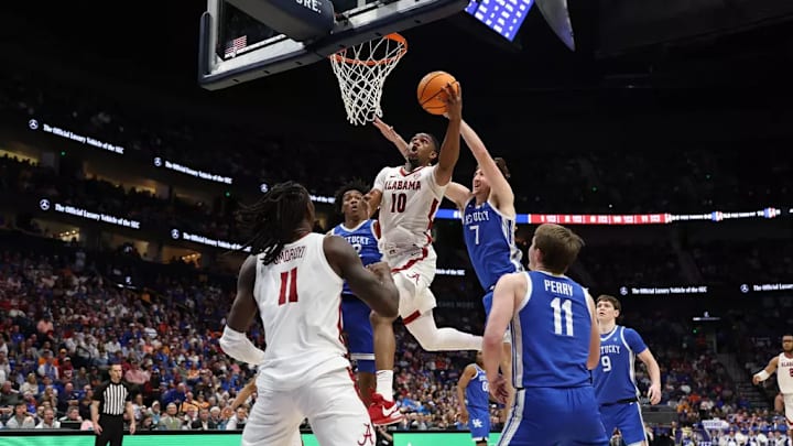 Alabama forward Mouhamed Dioubate (10) in action against Kentucky at Bridgestone Arena in Nashville, TN during the SEC Tournament on Friday, Mar 14, 2025. Alabama forward Mouhamed Dioubate (10) in action against Kentucky at Bridgestone Arena in Nashville, TN during the SEC Tournament on Friday, Mar 14, 2025.