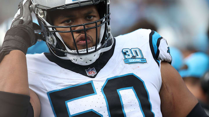 CHARLOTTE, NC - SEPTEMBER 29: Carolina Panthers offensive tackle Robert Hunt (50) during an NFL football game between the Cincinnati Bengals and the Carolina Panthers on September 29, 2024 at Bank of America Stadium in Charlotte N.C.