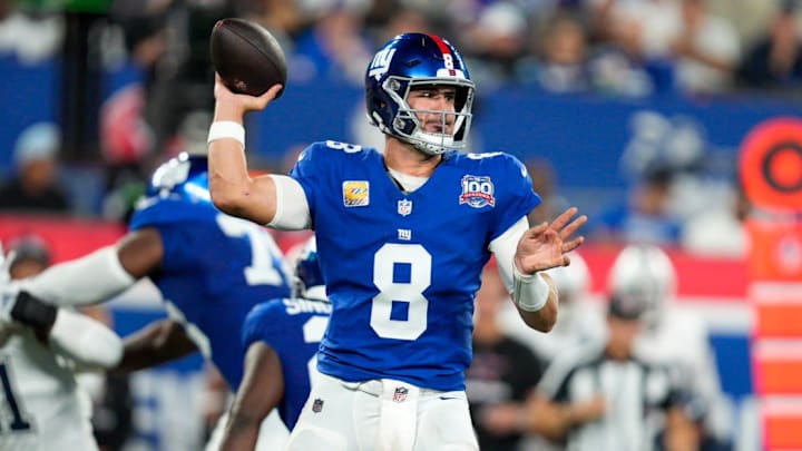 Sep 26, 2024; East Rutherford, NJ, US; New York Giants quarterback Daniel Jones (8) passes the ball in the second quarter at MetLife Stadium. Mandatory Credit: Julian Guadalupe-NorthJersey.com