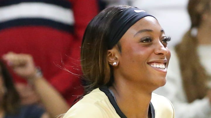 Purdue Boilermakers middle blocker Raven Colvin (7) smiles Purdue Boilermakers middle blocker Raven Colvin (7) smiles