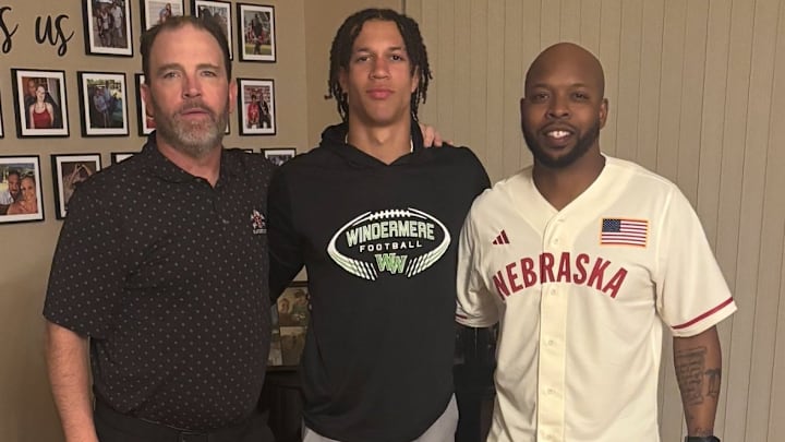 CJ Bronaugh with Nebraska defensive coordinator John Butler, left, and defensive backs coach Addison Williams in May 2025.