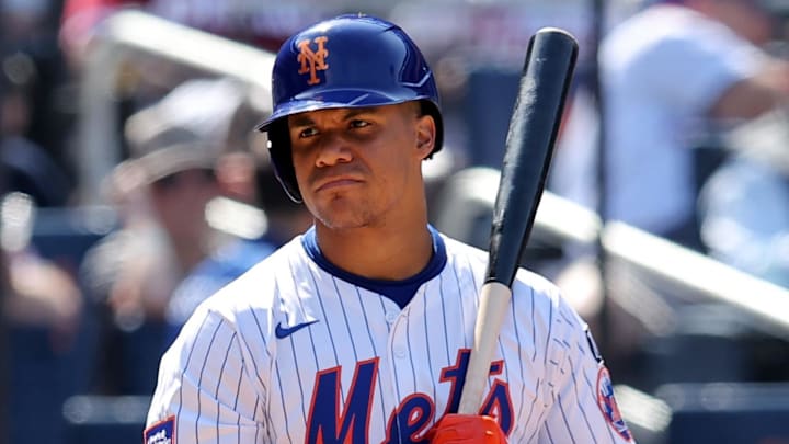 Apr 23, 2025; New York City, New York, USA; New York Mets right fielder Juan Soto (22) reacts after striking out during the seventh inning against the Philadelphia Phillies at Citi Field. Mandatory Credit: Brad Penner-Imagn Images