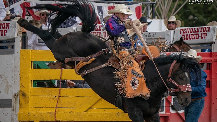 Saddle bronc rider Brody Cress got the chance to ride in front of his newborn son at his hometown rodeo, Cheyenne Frontier Days, on Thursday. Saddle bronc rider Brody Cress got the chance to ride in front of his newborn son at his hometown rodeo, Cheyenne Frontier Days, on Thursday.