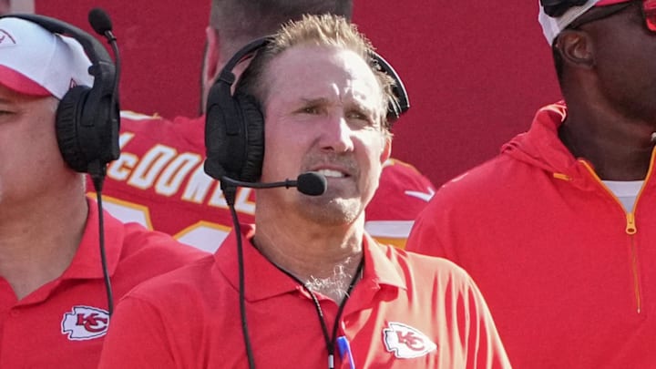 Aug 17, 2024; Kansas City, Missouri, USA; Kansas City Chiefs defensive coordinator Steve Spagnuolo watches play on the sidelines against the Detroit Lions during the game at GEHA Field at Arrowhead Stadium. Mandatory Credit: Denny Medley-Imagn Images Aug 17, 2024; Kansas City, Missouri, USA; Kansas City Chiefs defensive coordinator Steve Spagnuolo watches play on the sidelines against the Detroit Lions during the game at GEHA Field at Arrowhead Stadium. Mandatory Credit: Denny Medley-Imagn Images