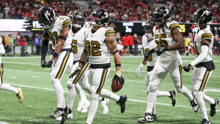Nov 26, 2023; Atlanta, Georgia, USA; New Orleans Saints safety Tyrann Mathieu (32) celebrates with