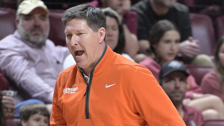 Feb 15, 2025; Tallahassee, Florida, USA; Clemson Tigers head coach Brad Brownell shouts to his team during the second half against the Florida State Seminoles at Donald L. Tucker Center. Mandatory Credit: Melina Myers-Imagn Images