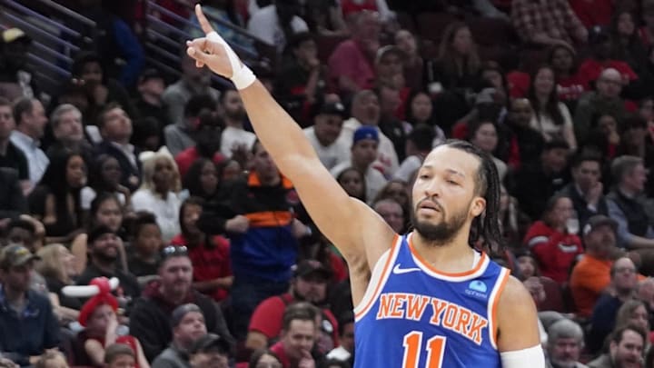 Apr 9, 2024; Chicago, Illinois, USA; New York Knicks guard Jalen Brunson (11) reacts after making a