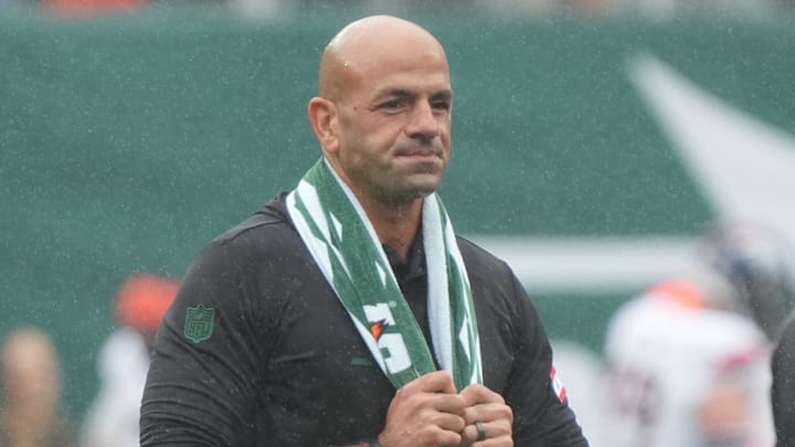 East Rutherford, NJ -- September 29 -- Head Coach Robert Saleh of the Jets during pre game warm ups as the Denver Broncos and New York Jets meet at MetLife Stadium.
