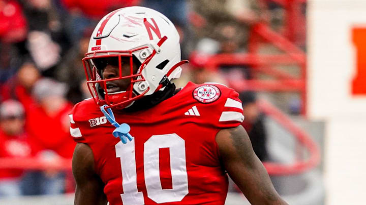 Nov 11, 2023; Lincoln, Nebraska, USA; Nebraska Cornhuskers linebacker Jimari Butler (10) during the first quarter against the Maryland Terrapins at Memorial Stadium. Mandatory Credit: Dylan Widger-Imagn Images