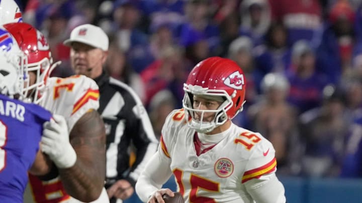 Kansas City Chiefs quarterback Patrick Mahomes scrambles with the ball and starts to run with it during second half action at Highmark Stadium in Orchard Park on Nov. 2, 2025. Kansas City Chiefs quarterback Patrick Mahomes scrambles with the ball and starts to run with it during second half action at Highmark Stadium in Orchard Park on Nov. 2, 2025.