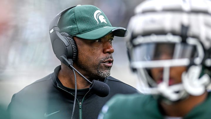 Michigan State's wide receivers coach Courtney Hawkins looks on during the spring game on Saturday, April 16, 2022, at Spartan Stadium in East Lansing.