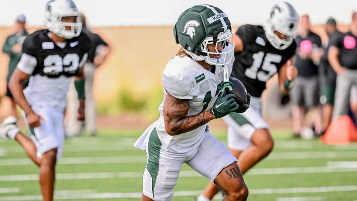 Michigan State receiver Chrishon McCray runs after a catch during football practice on Monday, Aug. 17, 2026, in East Lansing. Michigan State receiver Chrishon McCray runs after a catch during football practice on Monday, Aug. 17, 2026, in East Lansing.