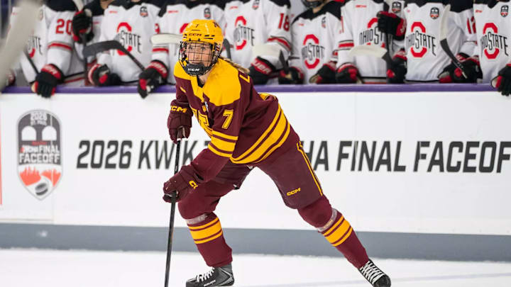 Gophers senior defender Nelli Laitinen against Ohio State in the WHCA tournament semifinals on March 5, 2026.  