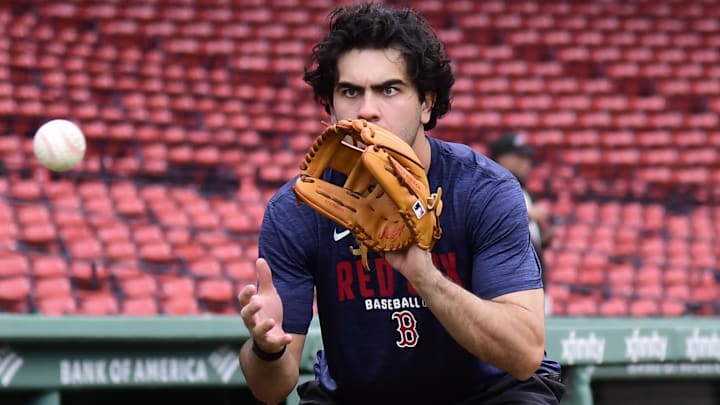 May 10, 2026; Boston, Massachusetts, USA;  Boston Red Sox second baseman Marcelo Mayer (11) fields a ball prior to a game against the Tampa Bay Rays at Fenway Park. Mandatory Credit: Bob DeChiara-Imagn Images