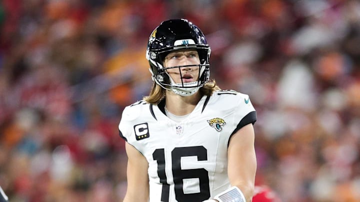 Dec 24, 2023; Tampa, Florida, USA;  Jacksonville Jaguars quarterback Trevor Lawrence (16) reacts