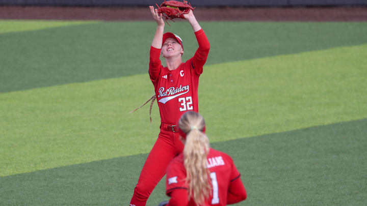 Texas Tech's Hailey Toney catches a pop fly against BYU during a Big 12 Conference softball game, Friday, April 3, 2026, at Tracy Sellers Field.