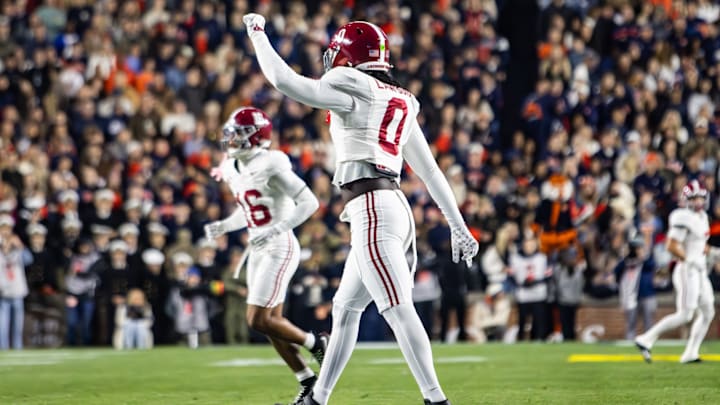 Alabama linebacker Deontae Lawson celebrates forcing an Auburn punt in the first half of the Iron Bowl on November 29, 2025.