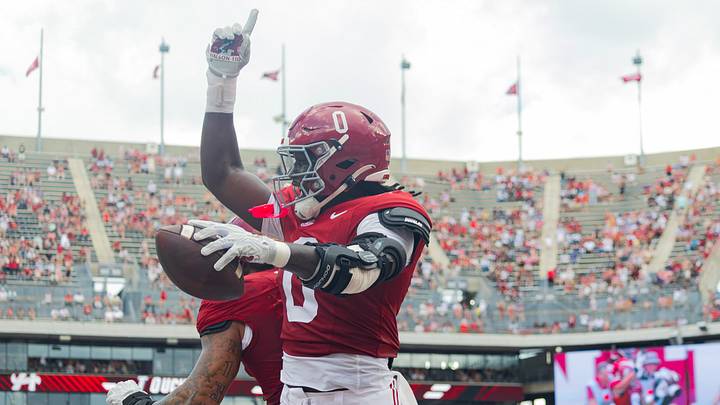 Alabama Linebacker Yhonzae Pierre celebrates his pick 6 in the first half of the game against ECU on Sept 5, 2026.