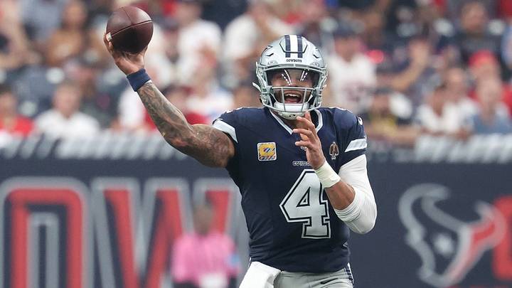 Dallas Cowboys quarterback Dak Prescott (4) throws a pass against the Houston Texans during the first half at Reliant Stadium. Mandatory Credit: Thomas Shea-Imagn Images Dallas Cowboys quarterback Dak Prescott (4) throws a pass against the Houston Texans during the first half at Reliant Stadium. Mandatory Credit: Thomas Shea-Imagn Images