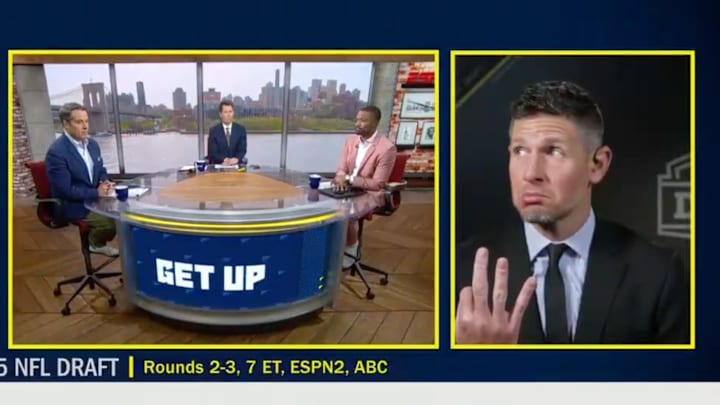 Dan Orlovsky reacts to a fire alarm during a ‘Get Up’ appearance. 