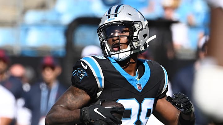 Oct 29, 2023; Charlotte, North Carolina, USA; Carolina Panthers wide receiver Terrace Marshall Jr.  T(88) after making a catch in the second quarter at Bank of America Stadium. 