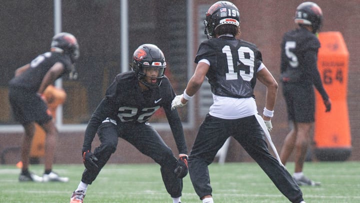 Oregon State's Jalil Tucker #22 does defensive back drills during the first day of spring practice at the Tommy Prothro Football Complex on Tuesday, March 4, 2025, in Corvallis, Ore.