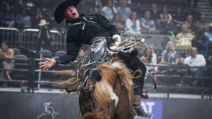 Kashton Ford, of Sturgis, S.D., rides bareback bronc Clayton's Drywall at the rodeo on Thursday, May 9, 2024, in Corpus Christi, Texas. Kashton Ford, of Sturgis, S.D., rides bareback bronc Clayton's Drywall at the rodeo on Thursday, May 9, 2024, in Corpus Christi, Texas.