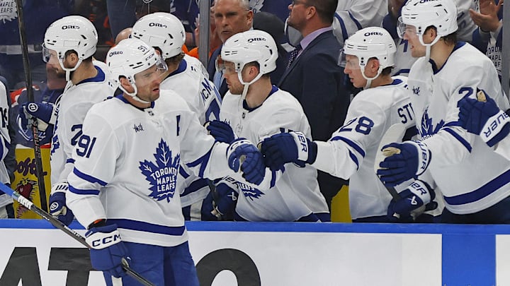 Feb 3, 2026; Edmonton, Alberta, CAN; The Toronto Maple Leafs celebrate a goal scored by forward John Tavares (91) during the third period against the Edmonton Oilers at Rogers Place. Mandatory Credit: Perry Nelson-Imagn Images Feb 3, 2026; Edmonton, Alberta, CAN; The Toronto Maple Leafs celebrate a goal scored by forward John Tavares (91) during the third period against the Edmonton Oilers at Rogers Place. Mandatory Credit: Perry Nelson-Imagn Images