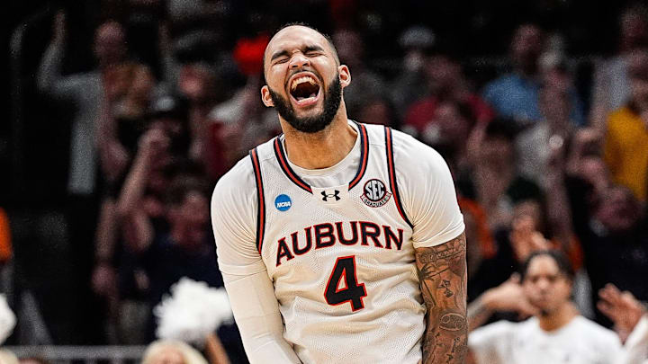 Auburn Tigers forward Johni Broome celebrates against Michigan State, helping send the Tigers to the Final Four.