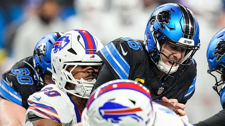 Detroit Lions quarterback Jared Goff (16) is sacked by Buffalo Bills defensive end Greg Rousseau (50) during the second half at Ford Field in Detroit. Detroit Lions quarterback Jared Goff (16) is sacked by Buffalo Bills defensive end Greg Rousseau (50) during the second half at Ford Field in Detroit.