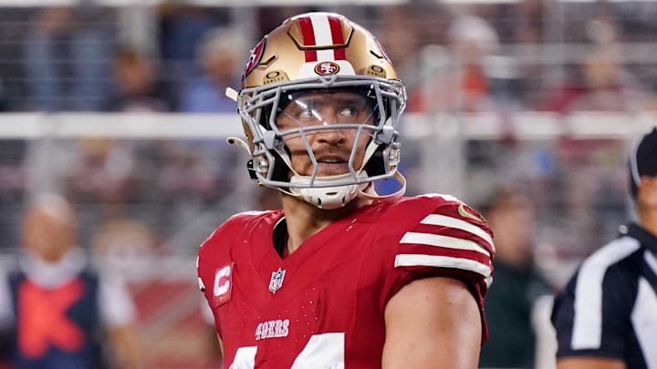 Sep 9, 2024; Santa Clara, California, USA; San Francisco 49ers fullback Kyle Juszczyk (44) waits for the action to resume in the third quarter against the New York Jets at Levi's Stadium. Mandatory Credit: David Gonzales-Imagn Images Sep 9, 2024; Santa Clara, California, USA; San Francisco 49ers fullback Kyle Juszczyk (44) waits for the action to resume in the third quarter against the New York Jets at Levi's Stadium. Mandatory Credit: David Gonzales-Imagn Images