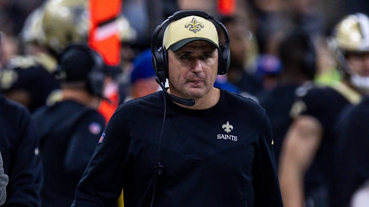 Jan 8, 2023; New Orleans, Louisiana, USA;  New Orleans Saints offensive line coach Doug Marrone looks on against the Carolina Panthers during the second half at Caesars Superdome. Mandatory Credit: Stephen Lew-Imagn Images