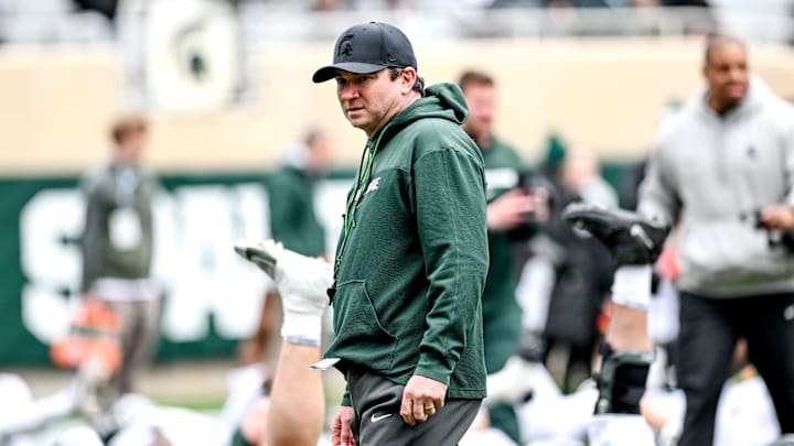 Michigan State's head coach Jonathan Smith looks on during the Spring Showcase on Saturday, April 20, 2024, at Spartan Stadium in East Lansing.