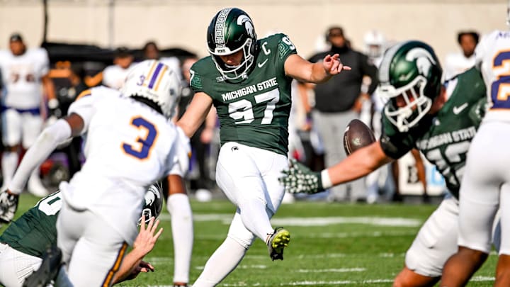 Michigan State's Jonathan Kim kicks a PAT against Prairie View A&M during the second quarter on Saturday, Sept. 14, 2024, at Spartan Stadium in East Lansing.