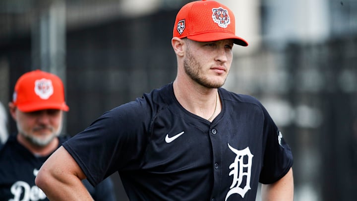 Detroit Tigers pitcher Matt Manning warms up during spring training at TigerTown in Lakeland, Fla.