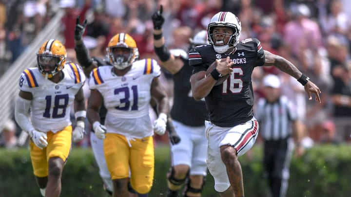 South Carolina quarterback LaNorris Sellers (16) runs for a touchdown against Louisiana State University during the second quarter at Williams-Brice Stadium in Columbia, S.C. Saturday, September 14, 2024. South Carolina quarterback LaNorris Sellers (16) runs for a touchdown against Louisiana State University during the second quarter at Williams-Brice Stadium in Columbia, S.C. Saturday, September 14, 2024.