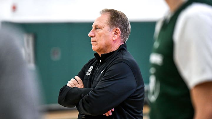 Michigan State's head coach Tom Izzo looks on at practice during men's basketball media day on Thursday, Oct. 17, 2024, at the Breslin Center in East Lansing. Michigan State's head coach Tom Izzo looks on at practice during men's basketball media day on Thursday, Oct. 17, 2024, at the Breslin Center in East Lansing.