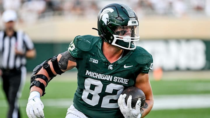 Michigan State's Brennan Parachek runs after a catch against Prairie View A&M during the fourth quarter on Saturday, Sept. 14, 2024, at Spartan Stadium in East Lansing.