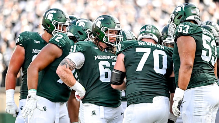 Michigan State's offensive line, from left, Ashton Lepo, Dallas Fincher, Tanner Miller, Luke Newman and Brandon Baldwin huddle up during the fourth quarter in the game against Prairie View A&M on Saturday, Sept. 14, 2024, at Spartan Stadium in East Lansing. Michigan State's offensive line, from left, Ashton Lepo, Dallas Fincher, Tanner Miller, Luke Newman and Brandon Baldwin huddle up during the fourth quarter in the game against Prairie View A&M on Saturday, Sept. 14, 2024, at Spartan Stadium in East Lansing.