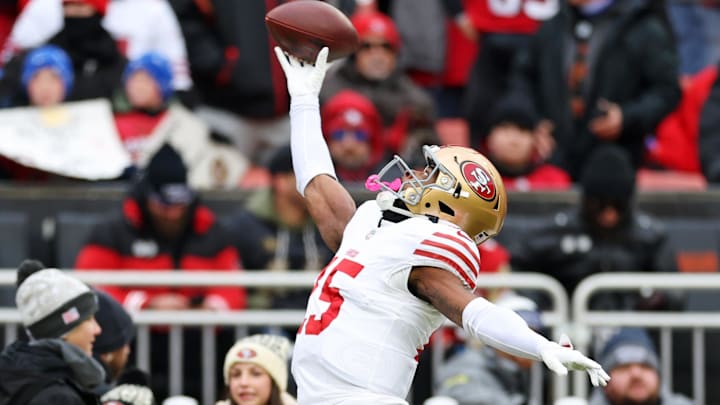 Nov 30, 2025; Cleveland, Ohio, USA;  San Francisco 49ers wide receiver Jauan Jennings (15) warms up before the game against the Cleveland Browns at Huntington Bank Field. Mandatory Credit: Scott Galvin-Imagn Images