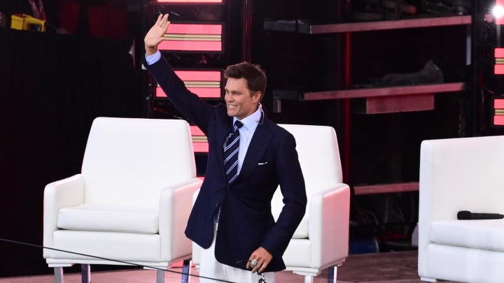 Jun 12, 2024; Foxborough, MA, USA; Former Patriots quarterback Tom Brady is introduced to fans during his Patriots Hall of Fame induction ceremony. Mandatory Credit: Eric Canha-USA TODAY Sports