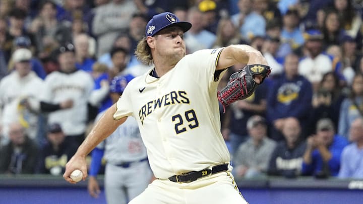 Milwaukee Brewers pitcher Trevor Megill (29) pitches against the Chicago Cubs in the first inning during game five of the NLDS round for the 2025 MLB playoffs at American Family Field. 