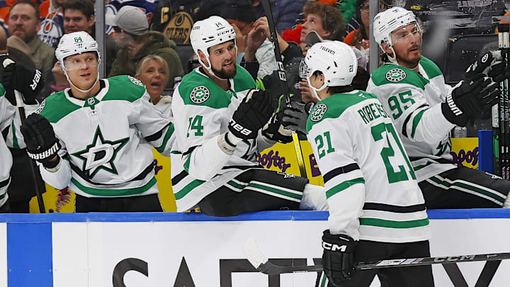 Mar 26, 2025; Edmonton, Alberta, CAN; The Dallas Stars celebrate a goal by Dallas Stars forward Jason Robertson (21) after scoring three goals during the second period against the Edmonton Oilers at Rogers Place. Mandatory Credit: Perry Nelson-Imagn Images